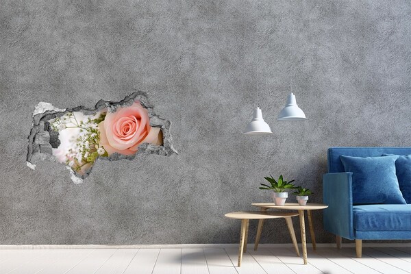 3D sticker gat in stenen muur Een roos in een bloemstuk.