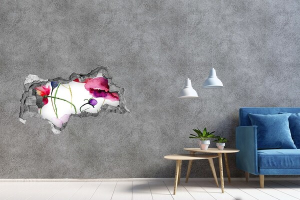 Zelfklevende 3D wandsticker illusie Bloemenlandschap door een gat in de muur