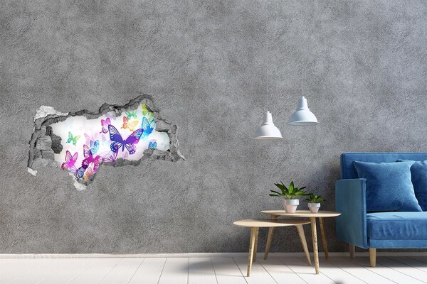 Wandsticker 3D doorkijk Kleurrijke vlinders in een gat in de muur