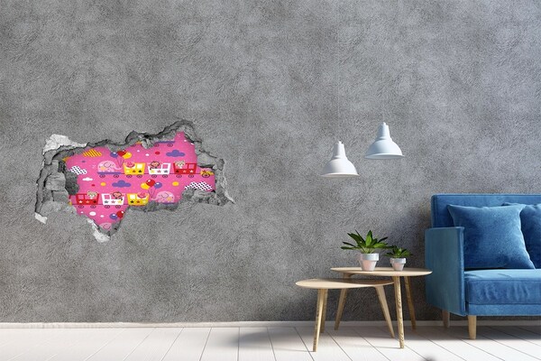 3D muursticker gescheurde muur Kleurrijke trein met ballonnen