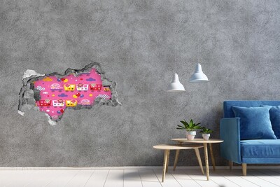 3D muursticker gescheurde muur Kleurrijke trein met ballonnen