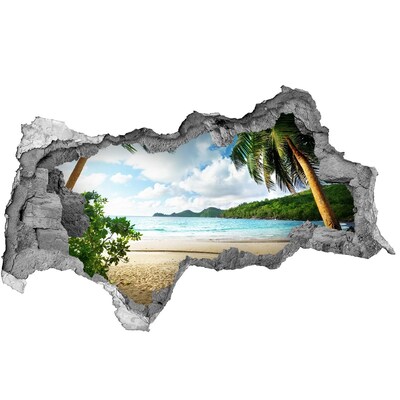 3D sticker gat in stenen muur Tropisch strand met palmbomen