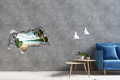 3D sticker gat in stenen muur Tropisch strand met palmbomen