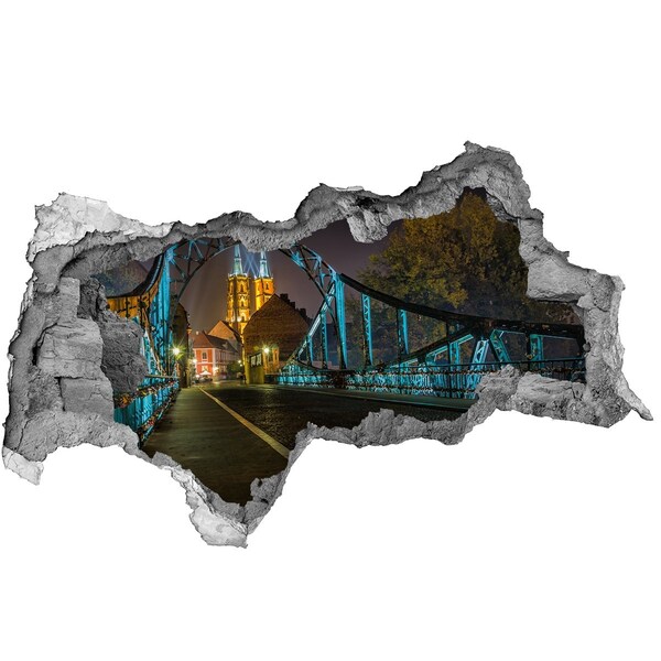 3D sticker gat in stenen muur De brug in het nachtelijke landschap