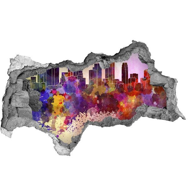 3D muursticker gescheurde muur Een stadsgezicht in regenboogkleuren.