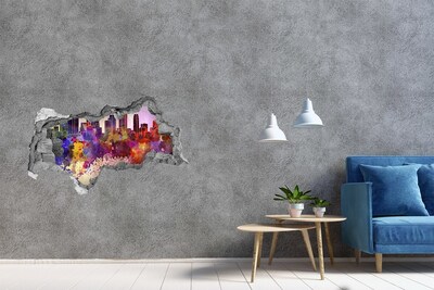3D muursticker gescheurde muur Een stadsgezicht in regenboogkleuren.