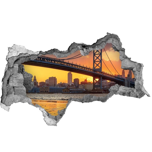 3D muursticker gescheurde muur Zonsondergang boven de brug