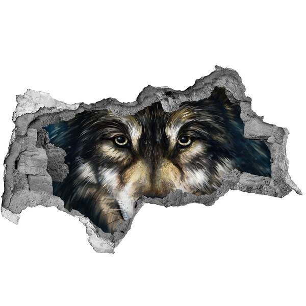 3D sticker gat in stenen muur Wolfs blik door de muur