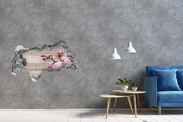 Zelfklevende 3D wandsticker illusie Orchideeën op een houten achtergrond