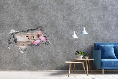 Zelfklevende 3D wandsticker illusie Orchideeën op een houten achtergrond
