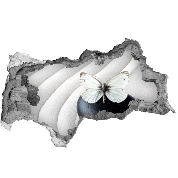3D muursticker gescheurde muur Een vlinder op een steen in een zen-omgeving.