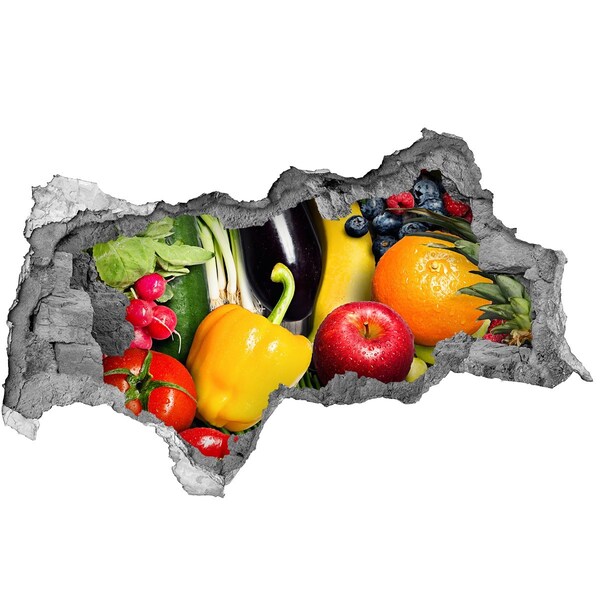 Zelfklevende 3D wandsticker illusie Fruit en groenten in een gat in de muur