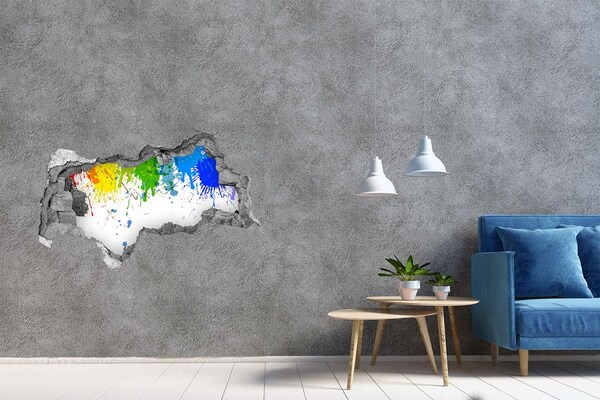 3D sticker gat in stenen muur Een kleurrijke explosie in beton.