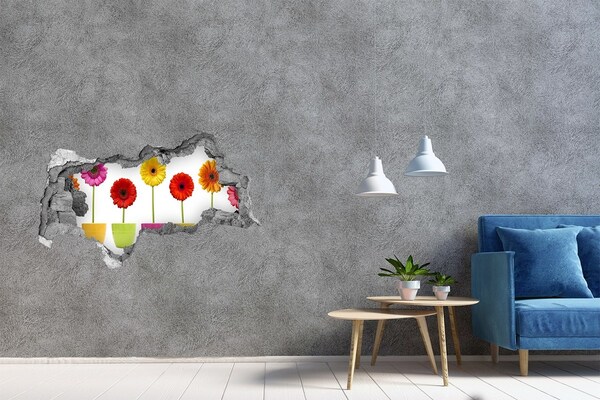 Wandsticker 3D doorkijk Bloemen in potten door een gat in de muur