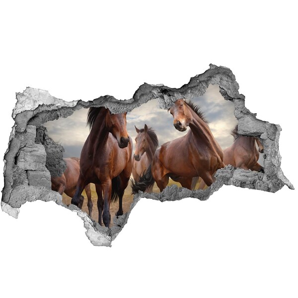 3D sticker gat in stenen muur Een kudde paarden in de wei