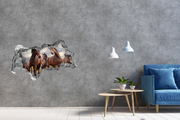3D sticker gat in stenen muur Een kudde paarden in de wei