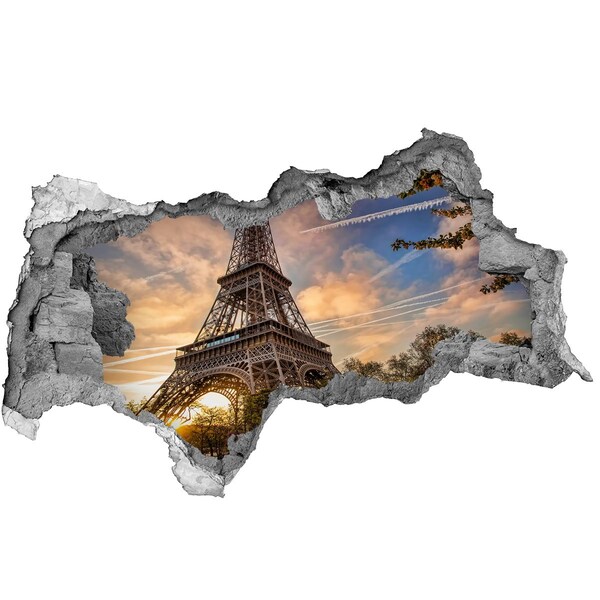 3D muursticker gescheurde muur Eiffeltoren in de ondergaande zon