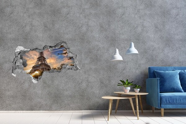 3D muursticker gescheurde muur Eiffeltoren in de ondergaande zon