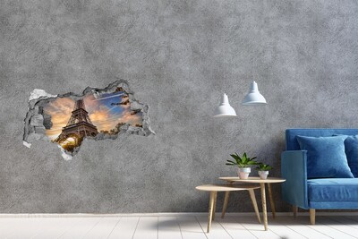 3D muursticker gescheurde muur Eiffeltoren in de ondergaande zon