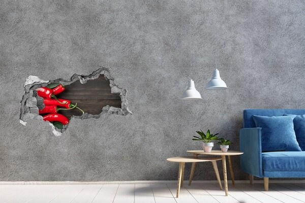 3D sticker gat in stenen muur Chilipepers in een beschadigde muur
