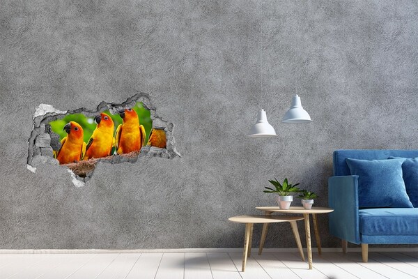 3D sticker gat in stenen muur Tropische papegaaien in een gat in de muur