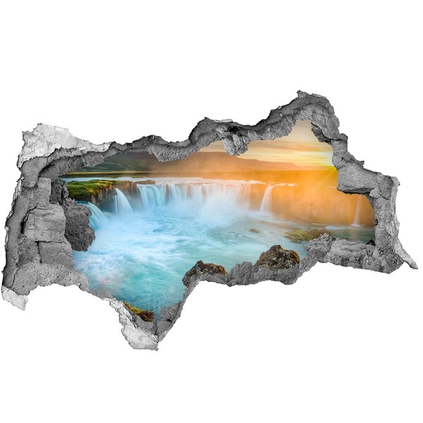 3D muursticker gescheurde muur Waterval in de ondergaande zon