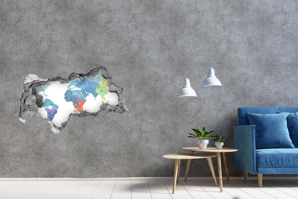 Zelfklevende 3D wandsticker illusie Wereldkaart in een gat in de muur