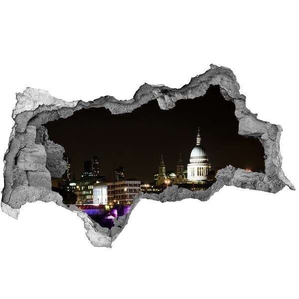 Zelfklevende 3D wandsticker illusie Nachtzicht op Londen door een gat in de muur.