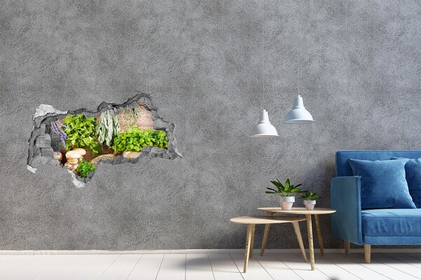 3D sticker gat in stenen muur Groene keuken met kruiden