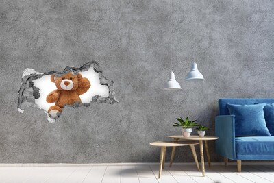 Wandsticker 3D doorkijk Teddybeer in een gat in de muur