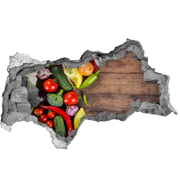 Wandsticker 3D doorkijk Fruit en groenten in een gat in de muur