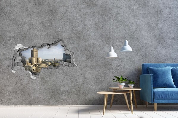 Wandsticker 3D doorkijk Uitzicht op Warschau vanuit een gat in de muur.