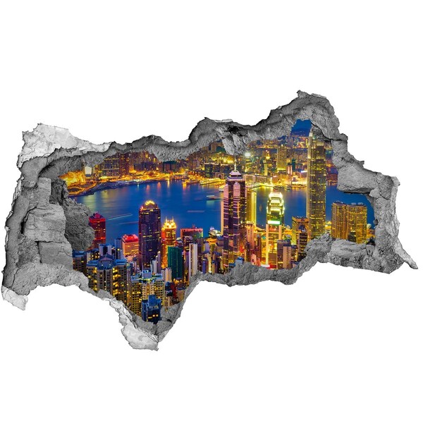 3D muursticker gescheurde muur Uitzicht op Hongkong 's nachts