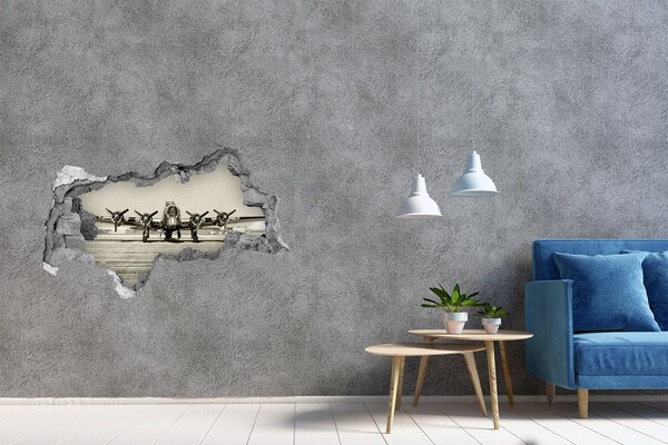 3D muursticker gescheurde muur Een oud vliegtuig op het vliegveldplatform.