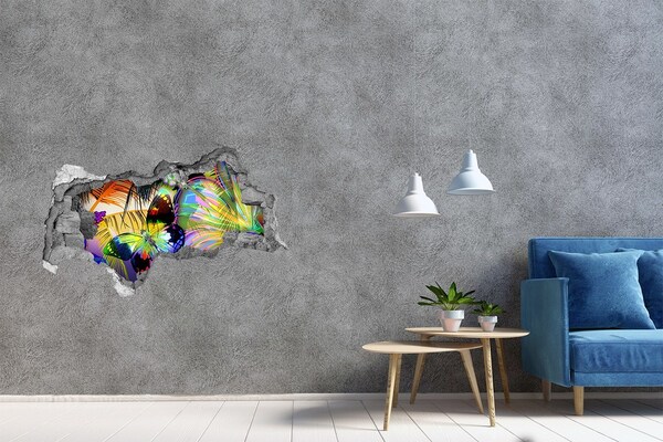 Zelfklevende 3D wandsticker illusie Een kleurrijke vlinder in een gat in de muur
