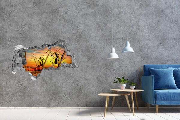 3D muursticker gescheurde muur Zonsondergang boven de haven