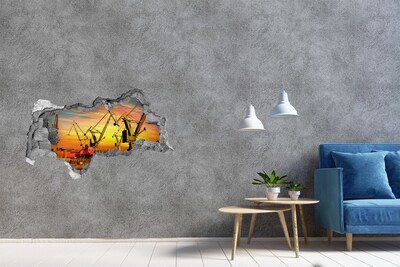 3D muursticker gescheurde muur Zonsondergang boven de haven