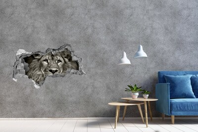 3D muursticker gescheurde muur Leeuwenportret door een gat in de muur