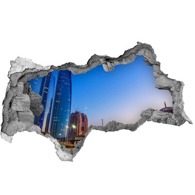3D muursticker gescheurde muur Moderne stad bij zonsondergang