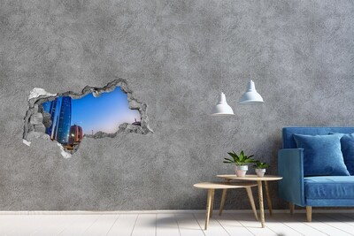 3D muursticker gescheurde muur Moderne stad bij zonsondergang