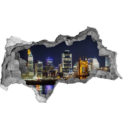 3D muursticker gescheurde muur Nachtpanorama van de stad