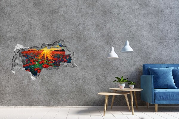 3D sticker gat in stenen muur Bloemenweide in de zon