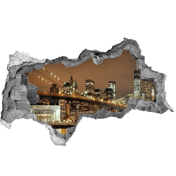 3D sticker gat in stenen muur De skyline van New York 's nachts