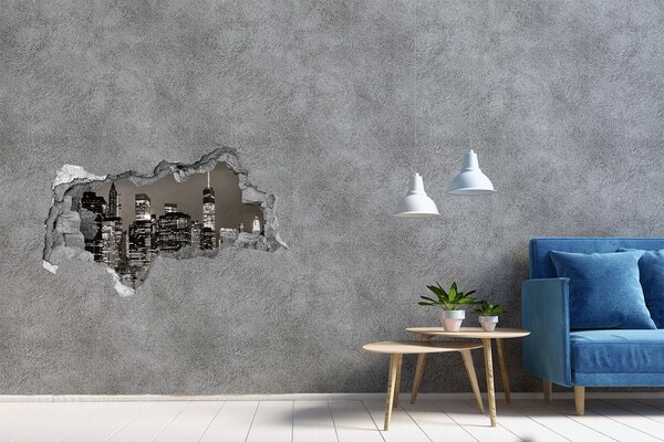 Zelfklevende 3D wandsticker illusie De skyline van New York 's nachts