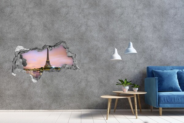 Zelfklevende 3D wandsticker illusie De Eiffeltoren bij zonsondergang