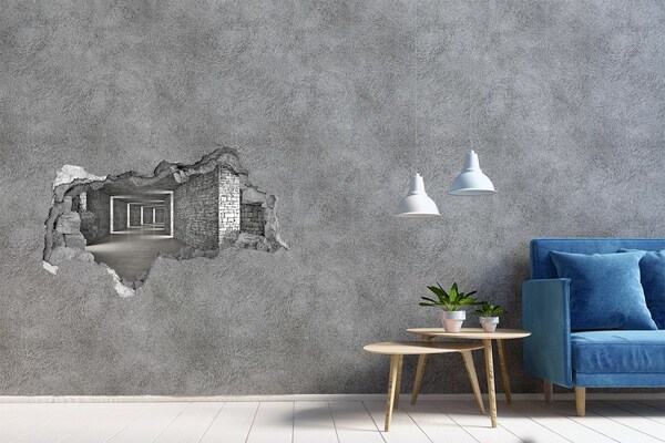 Wandsticker 3D doorkijk Een ingestorte muur die uitkijkt over een lege ruimte.