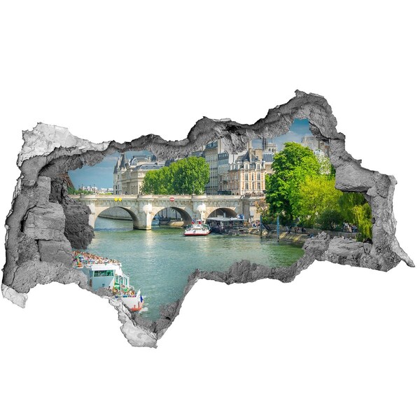 Zelfklevende 3D wandsticker illusie Uitzicht op Parijs door een gat in de muur.
