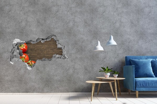 Zelfklevende 3D wandsticker illusie Verse tomaten in een beschadigde muur
