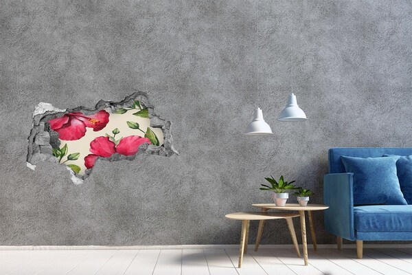 Wandsticker 3D doorkijk Hibiscusbloemen door een gat in de muur