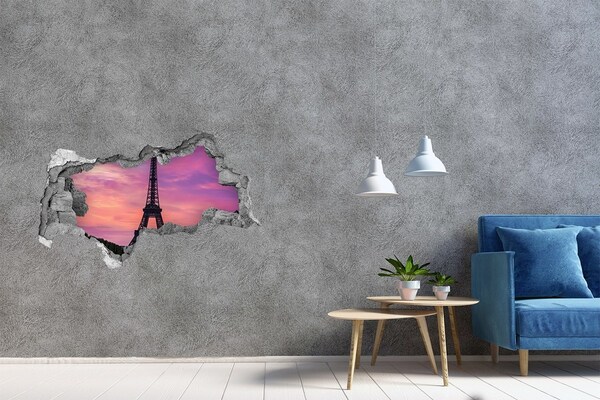 3D sticker gat in stenen muur De Eiffeltoren bij zonsondergang